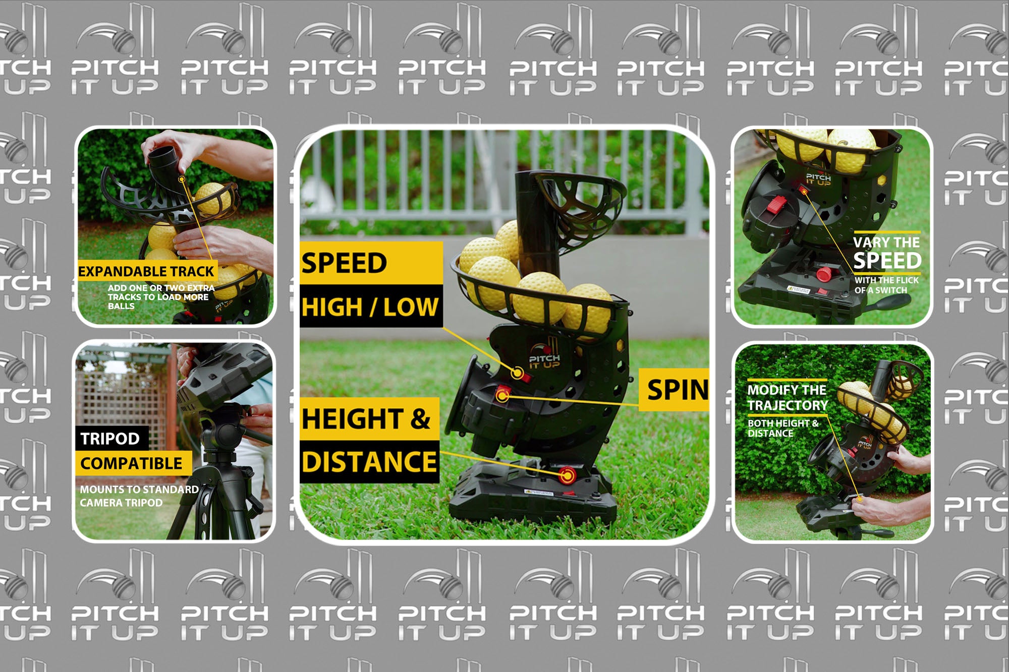 Features of the Pitch It Up Cricket Training Aid. Speed. Height. Distance. Trajectory. Spin Bowling. Straight Bowling. Tripod Compatible. Expandable Track. Light weight balls. More features than Speedbuddy Feedbuddy Bazooka Jugs Paceman.