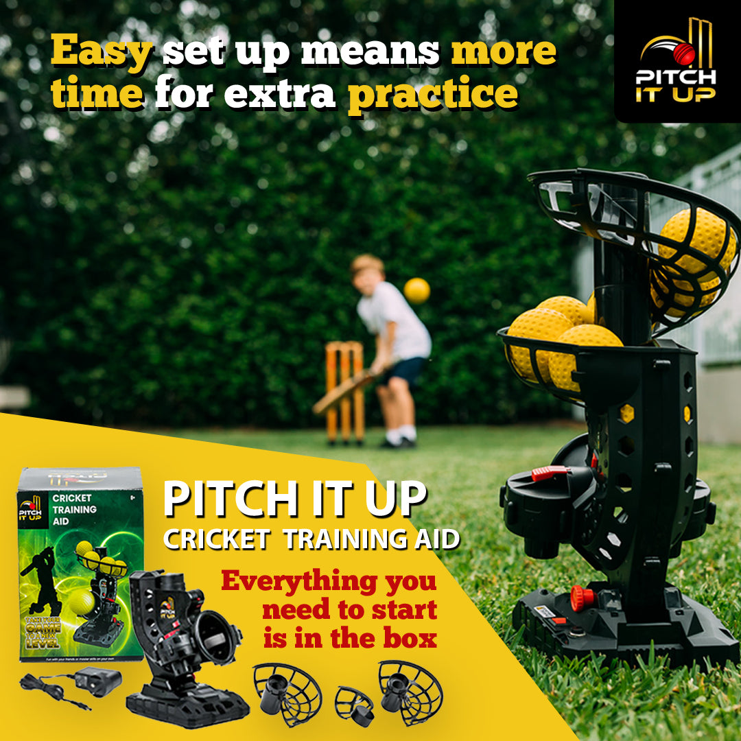 Pitch It Up cricket training aid with a child playing cricket in the background in a home or backyard.