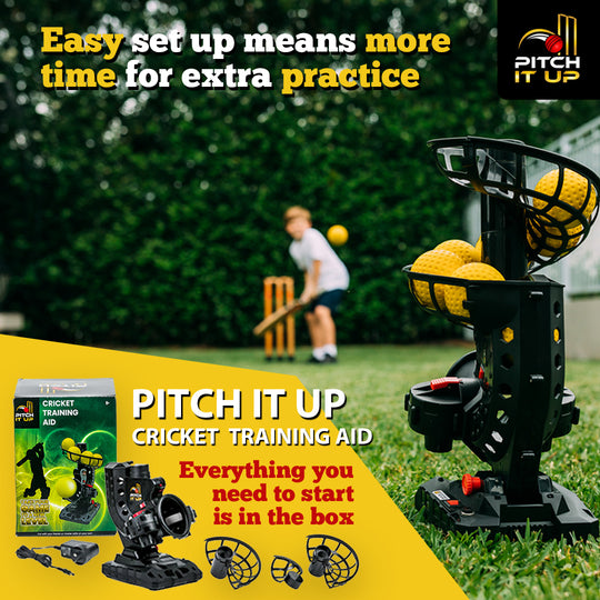 Pitch It Up cricket training aid with a child playing cricket in the background in a home or backyard.