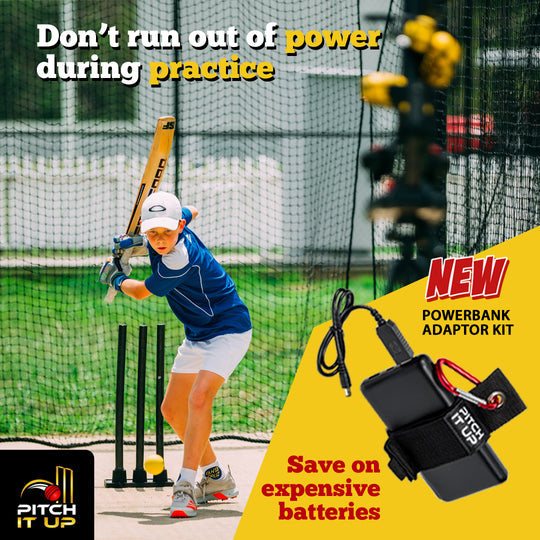 Person in a batting stance with a powerbank adaptor kit in front, promoting saving money on expensive batteries.