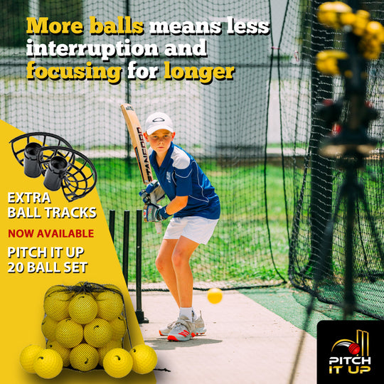 Person in a cricket nets with Pitch It Up on  tripod showing extra balls and tracks with text " More balls means less interruption and focusing for longer" 