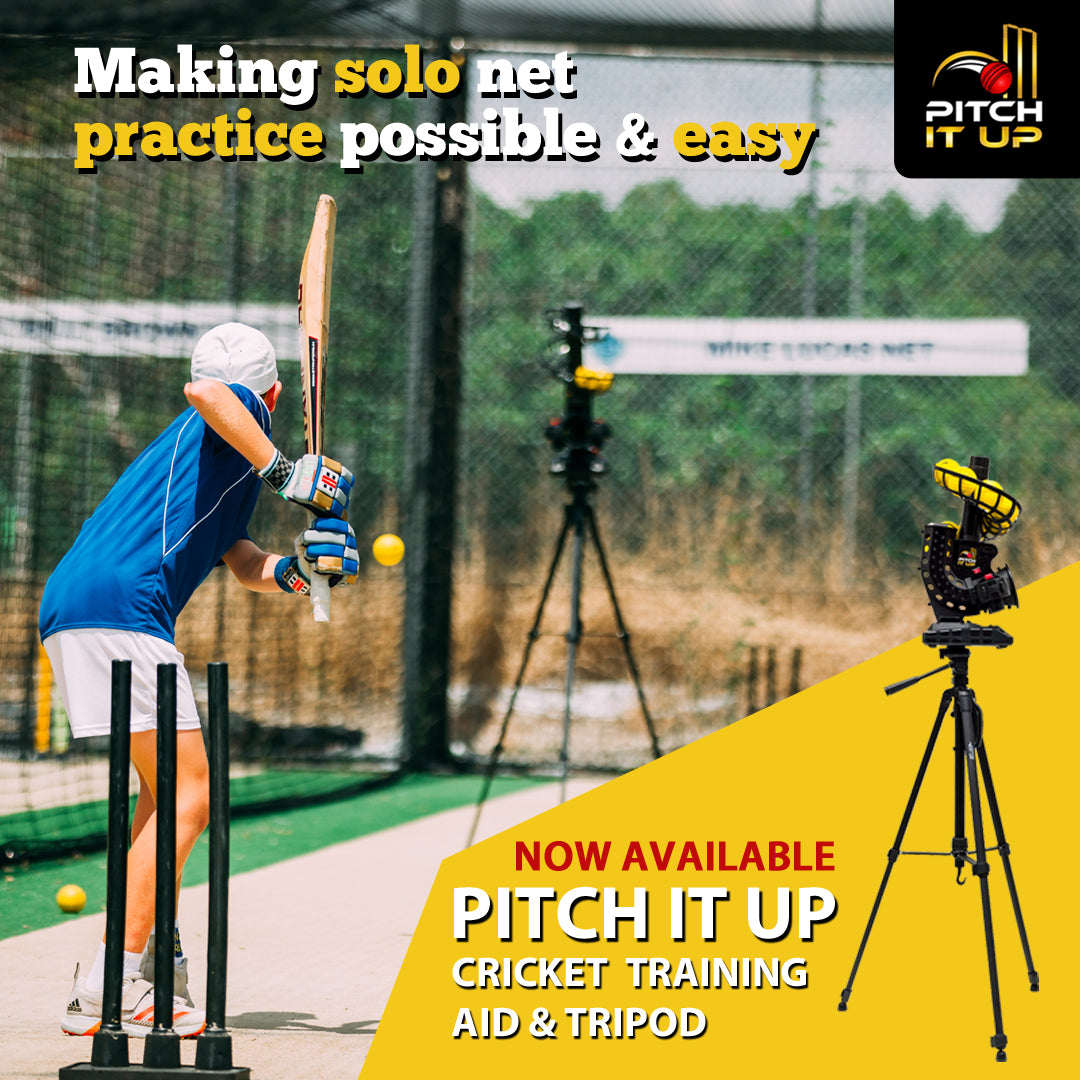 Person practicing cricket with 'Pitch It Up' training aid and tripod at the cricket nets , with text saying "Making solo practice possible and easy"