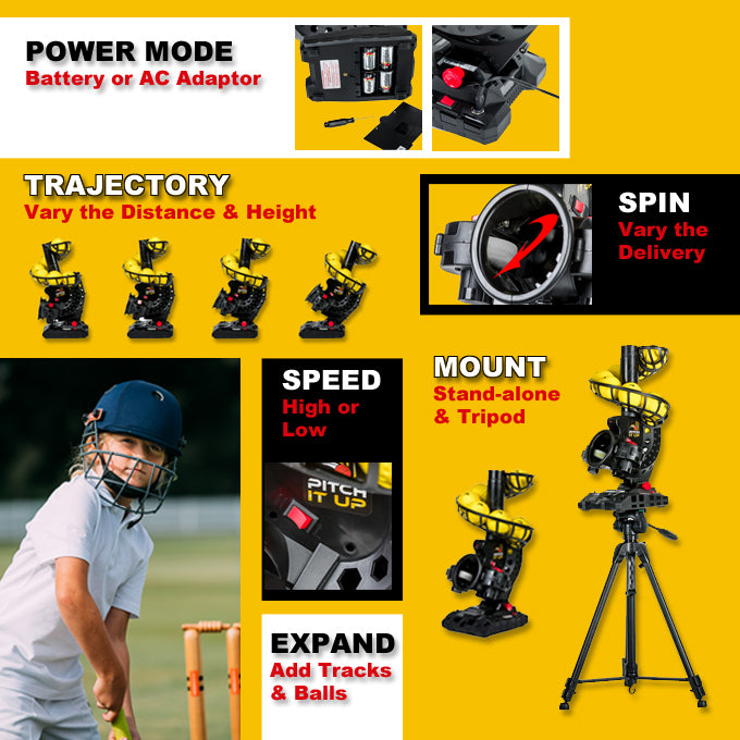 The features of the Pitch It Up Cricket Training Aid. Power mode. Trajectory. Spin Bowling. Straight bowling. Speed. Distance. Height. Expandable Track. Light weight balls. Tripod Mounting. More features than Feedbuddy Speedbuddy Paceman and Bazooka. 