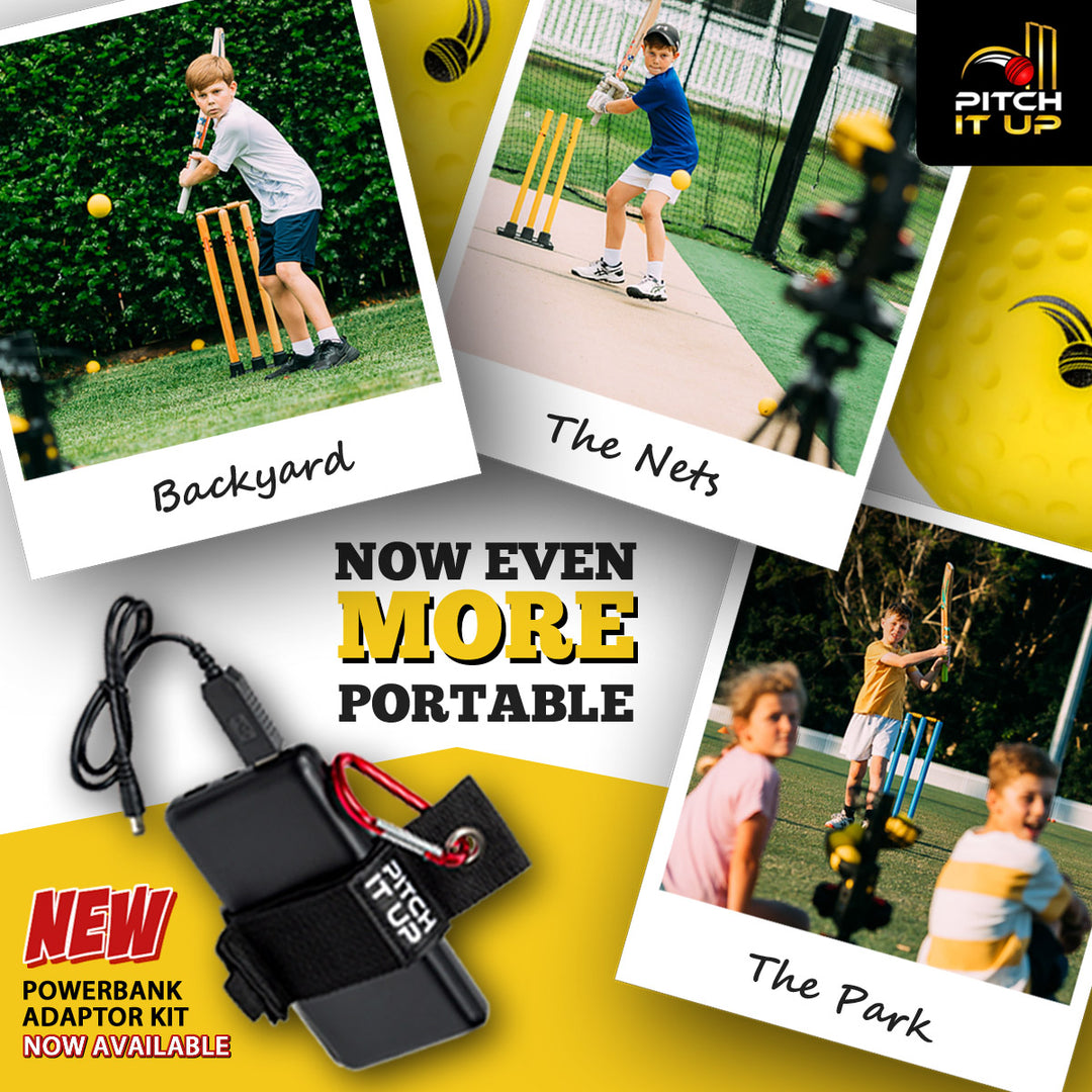 Promotional image for a powerbank adapter kit showing Pitch It Up can be used at Home, in the nets and in the park